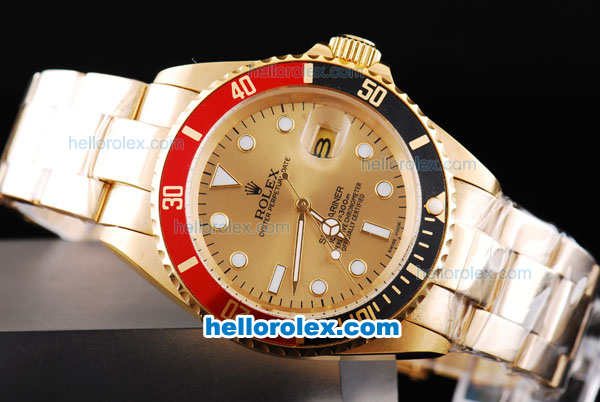 Rolex Submariner Oyster Perpetual Automatic Movement Full Gold with Red-Black Bezel and Khaki Dial - Click Image to Close